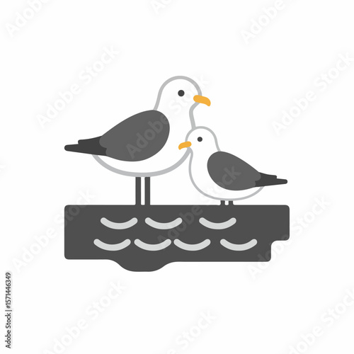 Adorable seagull pair perched on weathered wood floating on ocean waves, a seaside scene. Seagull illustration evokes summer vacation, beach vibes, and coastal living.