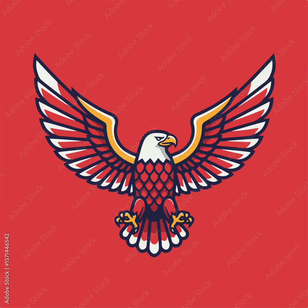 Obraz premium Patriotic eagle illustration with dynamically spread wings on a red background. Eagle is an emblem of power with wings spread.
