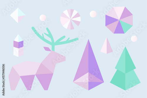 Low Poly Christmas Elements In Pastel Holographic