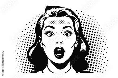 Surprised Woman in Retro Pop Art Style. Vintage 1960s Comic Book Vector Illustration with Halftone Texture