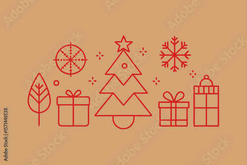 Minimal Red Line Art Of Christmas Symbols On Kraft