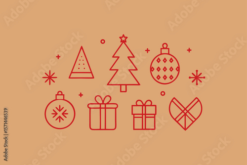 Minimal Red Line Art Of Christmas Symbols On Kraft
