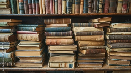 A collection of old, weathered books stacked on shelves in a library.