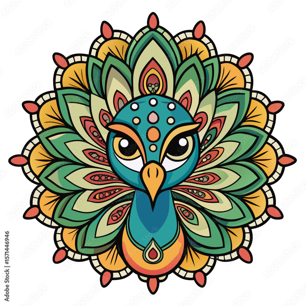 Fototapeta premium A cute cartoon owl with heart-patterned wings and a brown feather design is illustrated on an abstract floral background with other wild birds