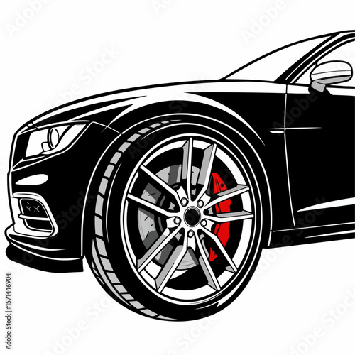Sleek car illustration showcasing automotive design elements with focus on customized effects. This stylish car illustration emphasizes custom automotive details with a sporty wheel and bold stance,