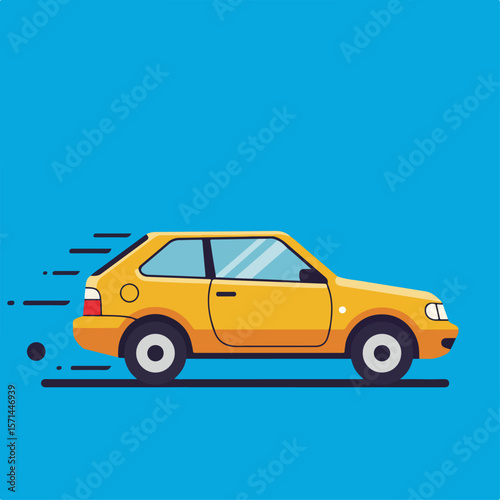 Yellow car speeds across blue background, creating dynamic motion. Automobile showcases swift motion and automotive design, highlighting modern aesthetics.