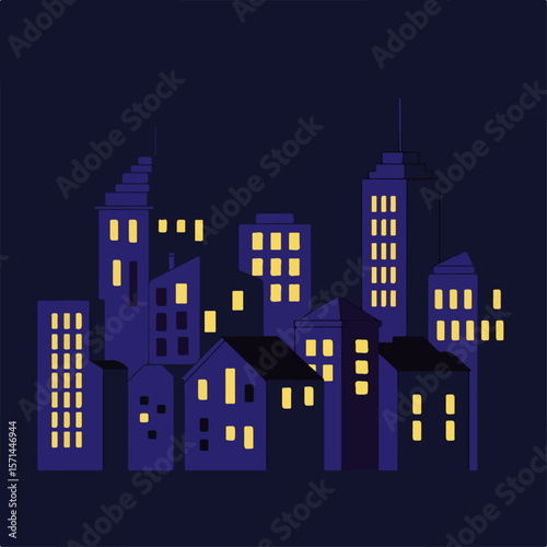 Cityscape at night showing illuminated windows against dark sky, symbolizing urban life. This cityscape at night embodies vibrant nightlife, with buildings glowing warmly against dark backdrop.