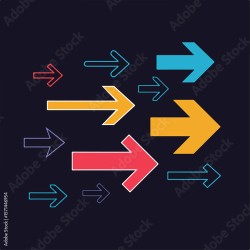 Arrows moving forward showing image effects, demonstrating directionality and progress. Arrows in different colors indicate a dynamic transformation, illustrating future trends and projections.