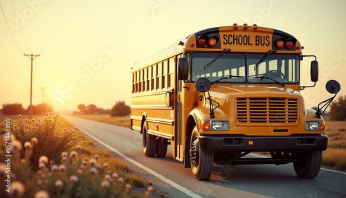Yellow school bus parked on empty road during sunset  