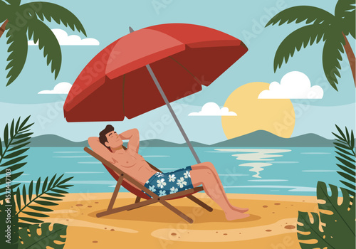 A relaxed man enjoys a sunny day at the beach, reclining in a chair under a red umbrella with palm trees and the ocean in the background.