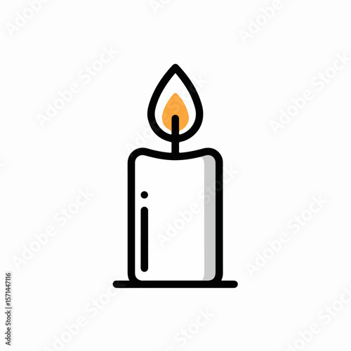 Isolated candle illustration in simple style with burning flame and flickering light against white backdrop. This light illustration creates a warm cozy fx for image projects, offering a vintage,
