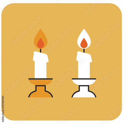 Two stylized candles burning brightly on soft yellow background, depicting candlelight, and minimalist shapes. Candles illuminate, providing light and warmth with a minimalist, decorative style.