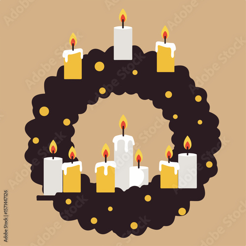 Festive image effects showcase wreath, featuring brightly lit candles with dripping wax and cheerful, image effects. Image effects enhance festive presentation of lighting decor for holiday season.