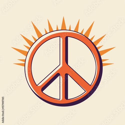 Peace symbol with sun rays evokes positive imagery and calming effects. Peace symbol embodies message of harmony and tranquility with shining sun as a background.