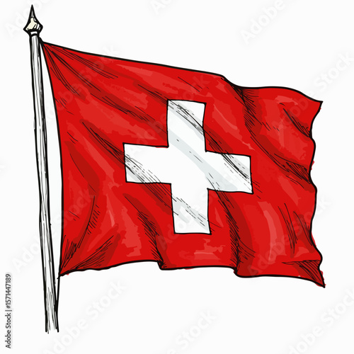 Swiss flag artwork shows red banner with white cross. Swiss flag on flagpole is a digital effect expressing national pride and global future, embodying patriotism and unity.