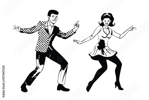Dancing Couple in Retro Pop Art Style. 1960s Party Scene Vector Illustration