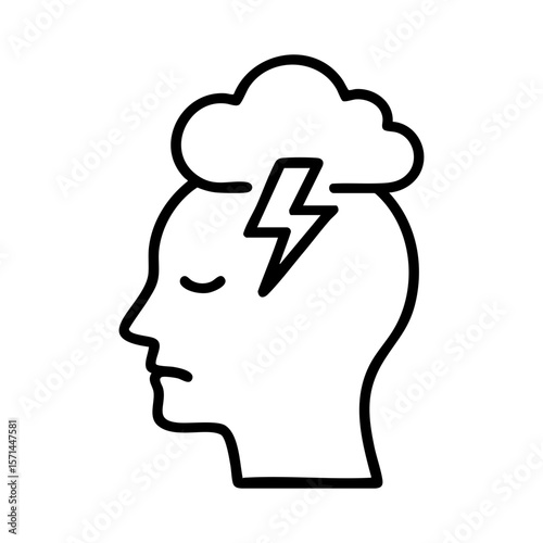 Line icon of stressed mind with thunderstorm symbol for mental overload