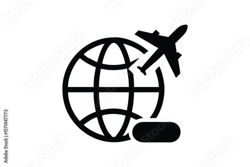 A clean and simple black-and-white vector silhouette of a globe,travel,airplane,silhouette,icon,graphic design,minimalist
