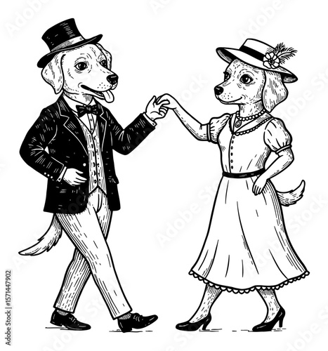 Cute Male Dog in Vintage Suit and Female Dog in Modest Dress Dancing Cartoon Style Black and White Outline Line Art Drawing
