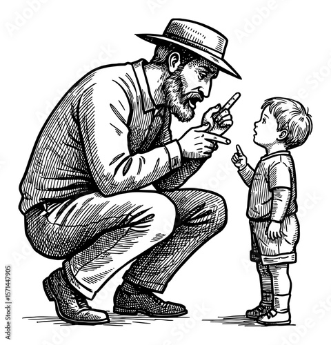 Bearded Dad Scolding His Child with Pointing Finger Black and White Outline Line Art Drawing