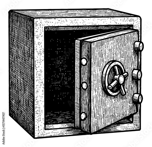 Empty Opened Safe Box in Black and White Outline Line Art Drawing Style Vintage Isolated Object
