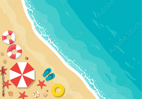 Overhead view of a vibrant beach scene featuring a red and white umbrella, starfish, and lifebuoys, capturing the essence of a sunny summer vacation.