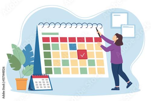 Vector illustration Woman posting content calendar to a board planning March content. Planning, scheduling.