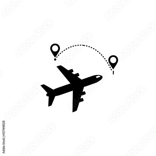 Airplane flying between two location pins isolated on white background