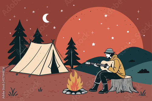 A person serenades the night, skillfully playing an acoustic guitar near a crackling campfire, illuminated against a backdrop of a cozy tent under a starry sky.