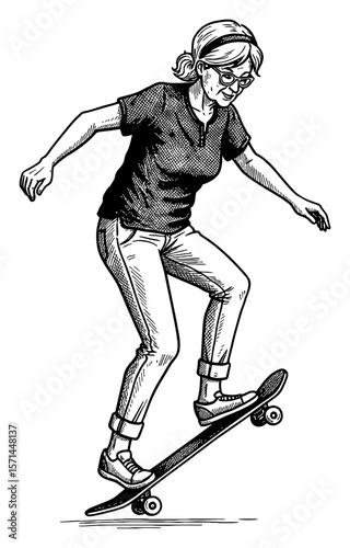 Energetic Elderly Woman Grandma Doing Skateboard Trick Balancing Skillfully on Board Black and White Outline Line Art Drawing