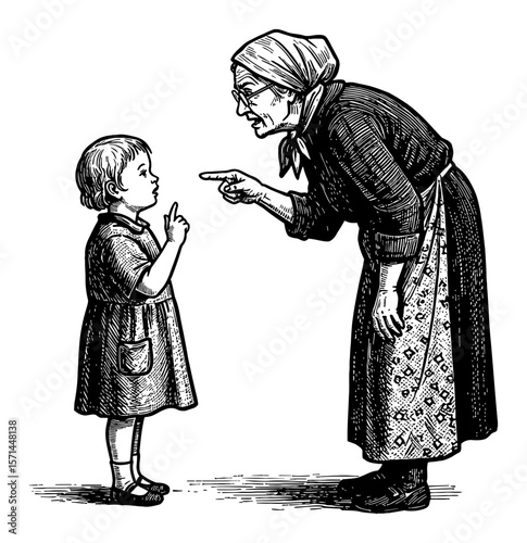 An Elderly Grandma Scolding Her Grandchild with Pointing Fingers Expressive Vintage Black and White Outline Line Art Drawing