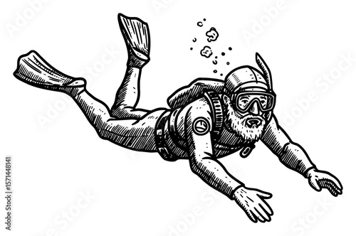 Grandpa Freediving Man Scuba Diver Swimming Underwater Vintage Style Black and White Outline Line Art Drawing