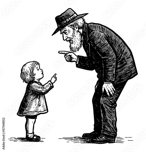 Grandpa Scolding His Grandchild Black and White Outline Line Art Drawing Vintage Engraving Style