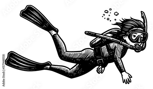Little Girl Freediving Underwater with Snorkel Mask Fins and Bubbles Black and White Outline Line Art Drawing