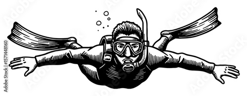 Man Freediving Close Up Front View Black and White Outline Line Art Drawing with Fins and Snorkel