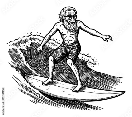 Grandpa Surfing Wave Action Black and White Outline Line Art Drawing with Long Beard and Glasses