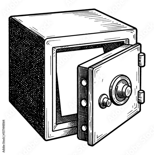 Opened safe box with blank paper inside in vintage style Black and White Outline Line Art Drawing