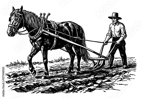 Man Plowing Field with Horse in Traditional Farming Scene Black and White Outline Line Art Drawing