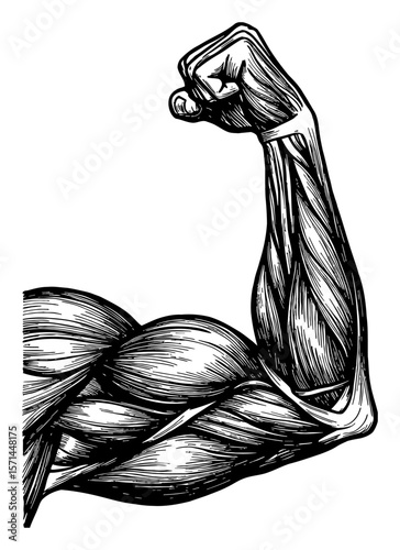 Strong Flexing Bicep Arm with Clenched Fist Black and White Outline Line Art Drawing Engraved Style