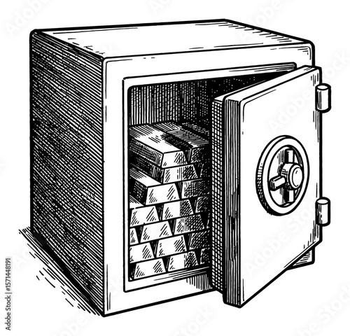 Opened Safe Box with Stack of Gold Bars Wealth Treasure Black and White Outline Line Art Drawing