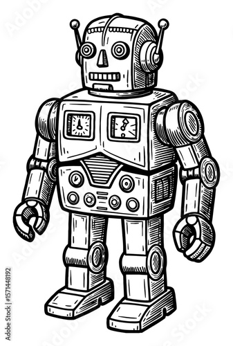 Classic Retro Standing Metallic Robot Toy Full Body Black and White Outline Line Art Drawing