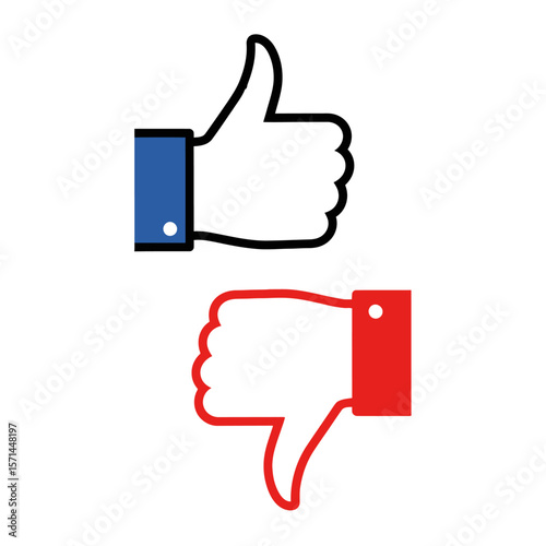 Blue like and red dislike hand icons isolated on white background