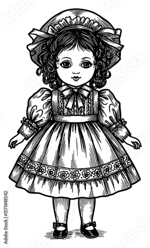 Cute Doll with Curly Hair in Vintage Dress and Bonnet Black and White Outline Line Art Drawing