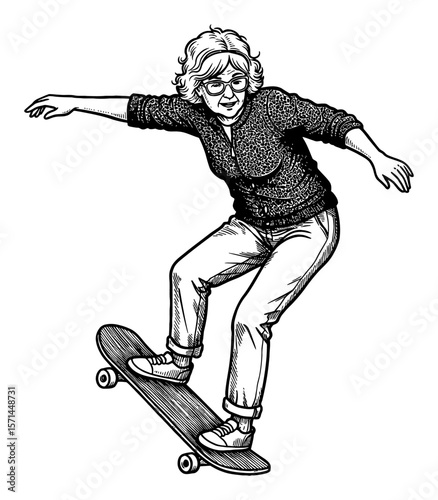 Dynamic Grandma Doing Cool Skateboard Trick Balancing in Vintage Black and White Outline Line Art Drawing