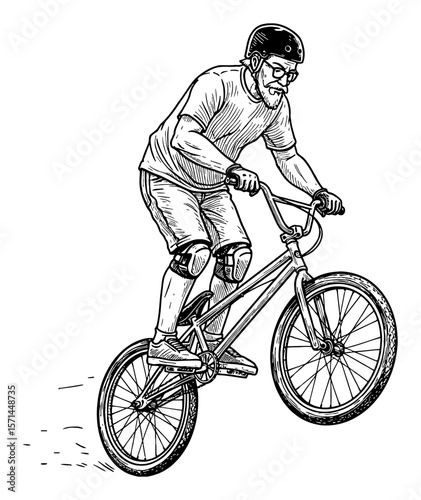 Active Senior Grandfather with Helmet and Knee Pads Doing BMX Bicycle Trick Wheelie Black and White Outline Line Art Drawing