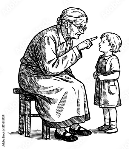 Elderly Grandma Scolding Her Grandchild with Finger Pointing in Black and White Outline Line Art Drawing