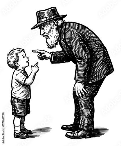 Grandpa Scolding His Grandchild with Pointing Finger Black and White Outline Line Art Drawing
