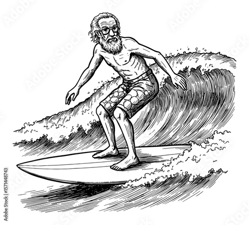 Cool Grandpa Surfing Ocean Wave Black and White Outline Line Art Drawing with Engraving Style