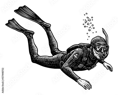 Grandpa Freediving Underwater with Mask Snorkel and Fins in Black and White Outline Line Art Drawing
