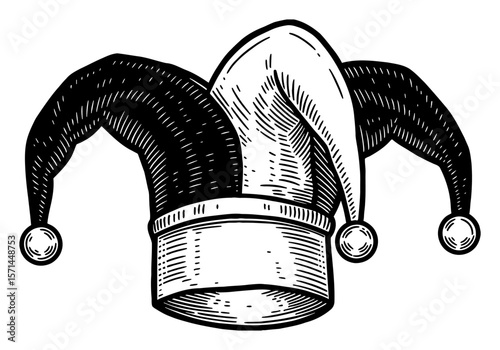 Classic Jester Hat Black and White Outline Line Art Drawing Vintage Engraved Style Isolated Object Costume Element